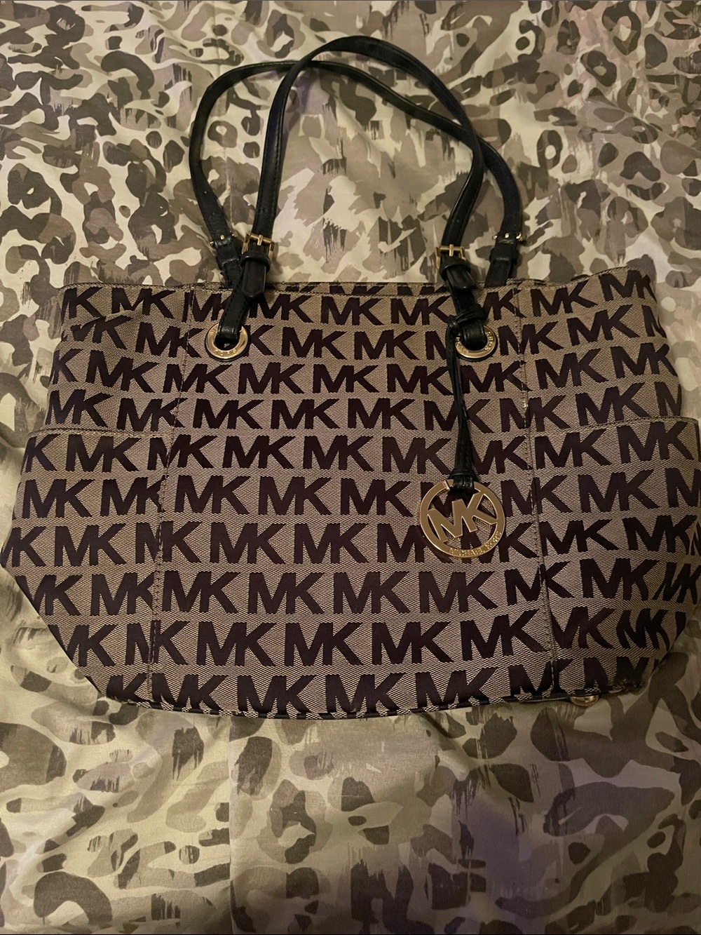 Michael Kors Brown MK Logo Tote with Black Handles